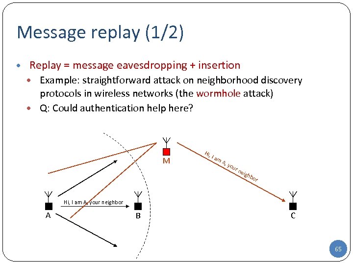 Message replay (1/2) • Replay = message eavesdropping + insertion • Example: straightforward attack