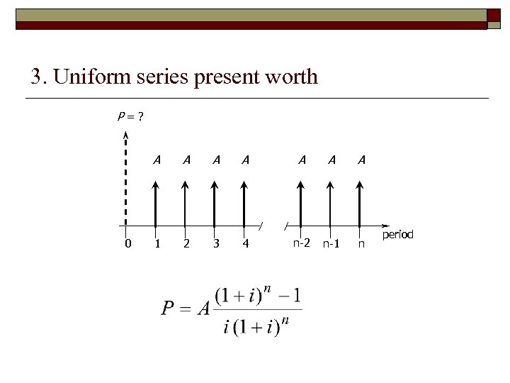 3. Uniform series present worth P=? A 0 A A A 1 2 3