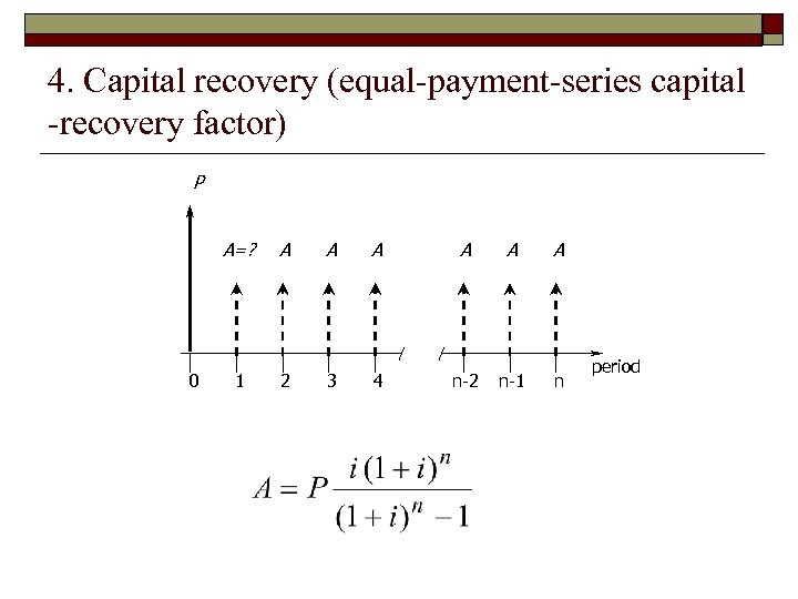 4. Capital recovery (equal-payment-series capital -recovery factor) P A=? 0 A A A 1