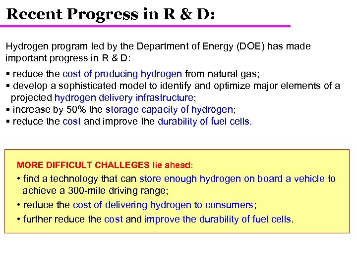 Recent Progress in R & D: Hydrogen program led by the Department of Energy