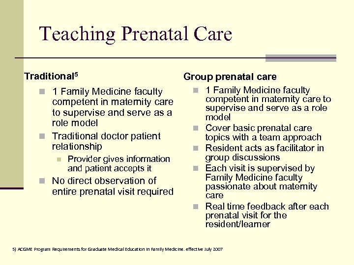 Teaching Prenatal Care Traditional 5 n 1 Family Medicine faculty competent in maternity care