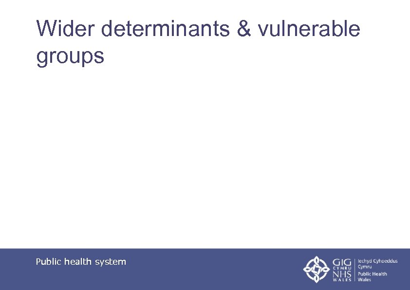 Wider determinants & vulnerable groups Public health system 