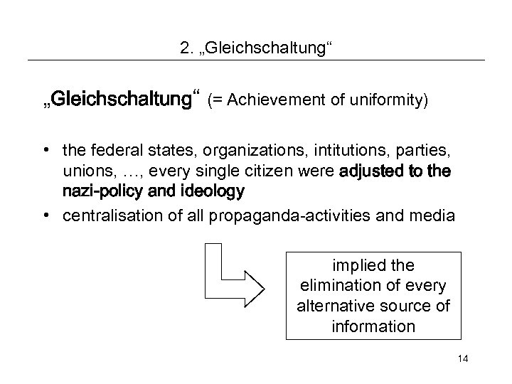 2. „Gleichschaltung“ (= Achievement of uniformity) • the federal states, organizations, intitutions, parties, unions,