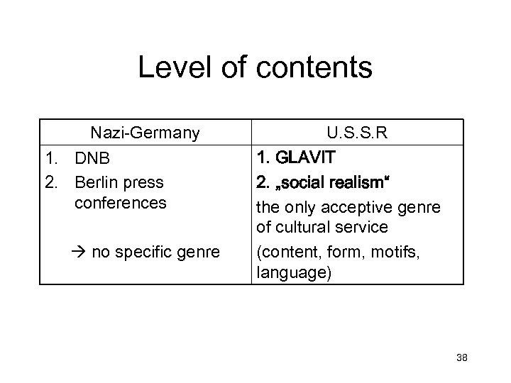 Level of contents Nazi-Germany 1. DNB 2. Berlin press conferences no specific genre U.