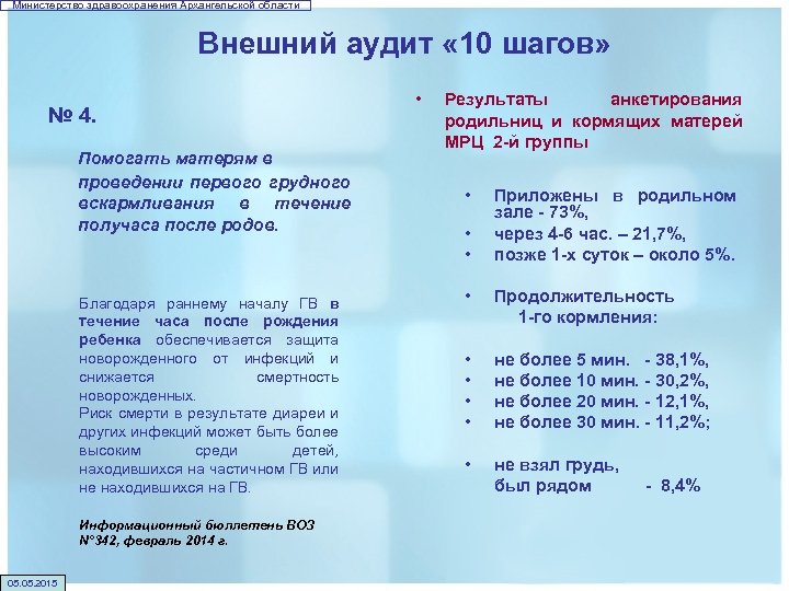 Министерство здравоохранения Архангельской области Внешний аудит « 10 шагов» № 4. Помогать матерям в