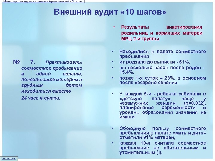Министерство здравоохранения Архангельской области Внешний аудит « 10 шагов» • • № 7. Практиковать