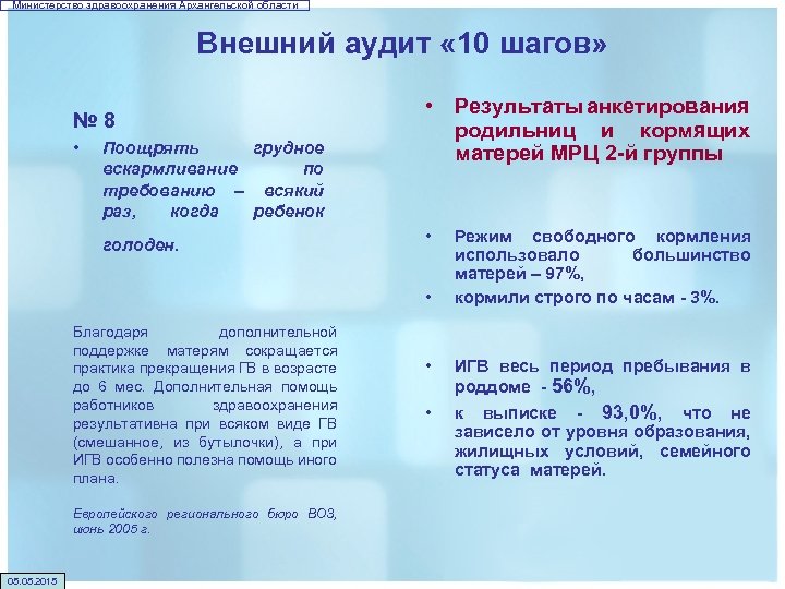 Министерство здравоохранения Архангельской области Внешний аудит « 10 шагов» № 8 • Поощрять грудное