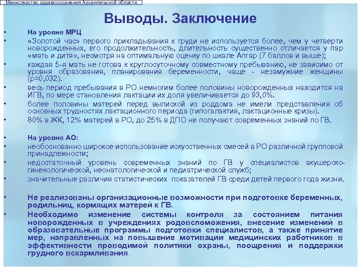 Министерство здравоохранения Архангельской области Выводы. Заключение • На уровне МРЦ • • «Золотой час»