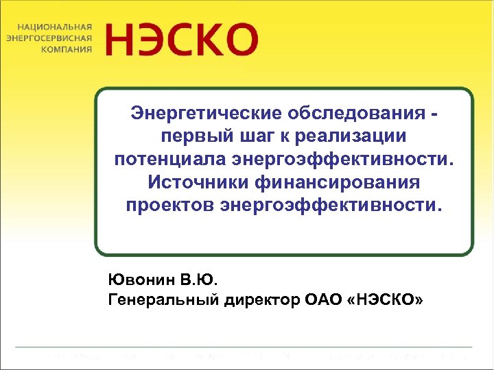 Энергетические обследования первый шаг к реализации потенциала энергоэффективности. Источники финансирования проектов энергоэффективности. Ювонин В.