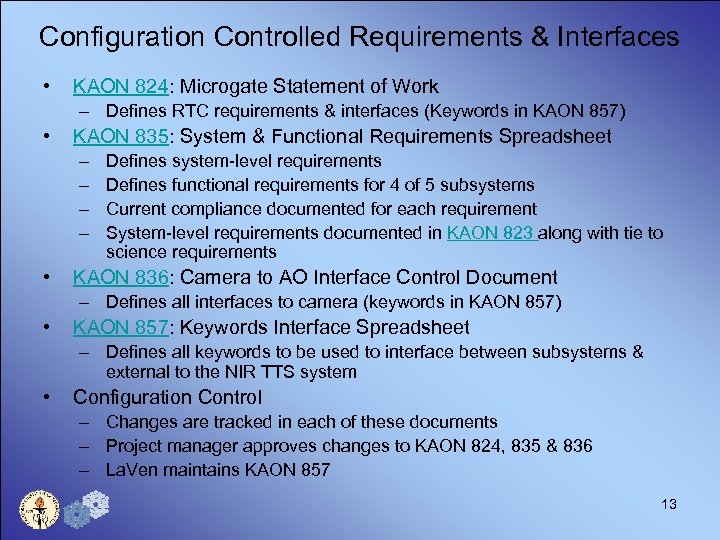 Configuration Controlled Requirements & Interfaces • KAON 824: Microgate Statement of Work – Defines