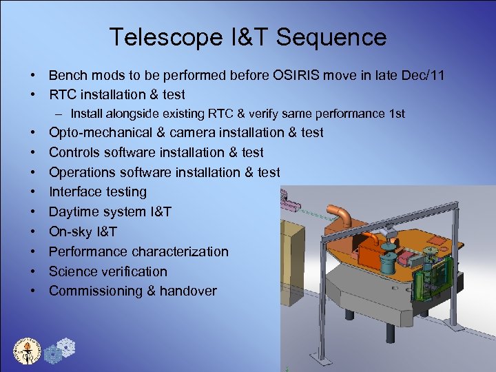 Telescope I&T Sequence • Bench mods to be performed before OSIRIS move in late