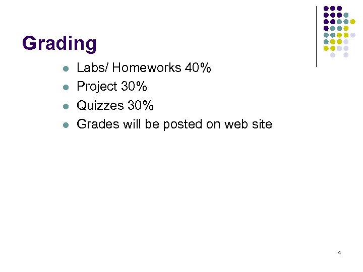 Grading l l Labs/ Homeworks 40% Project 30% Quizzes 30% Grades will be posted
