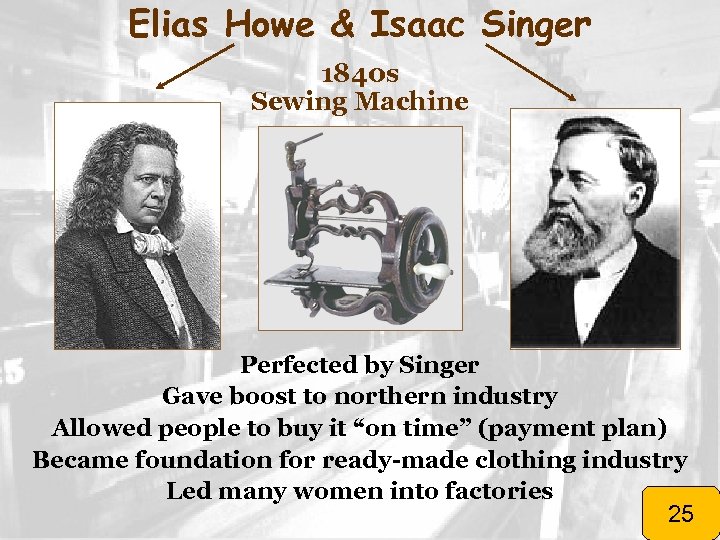 Elias Howe & Isaac Singer 1840 s Sewing Machine Perfected by Singer Gave boost