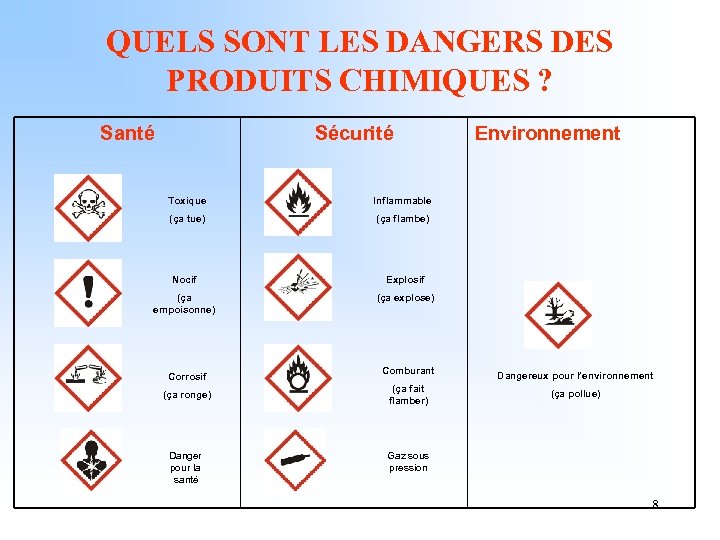 QUELS SONT LES DANGERS DES PRODUITS CHIMIQUES ? Santé Sécurité Environnement Toxique Inflammable (ça