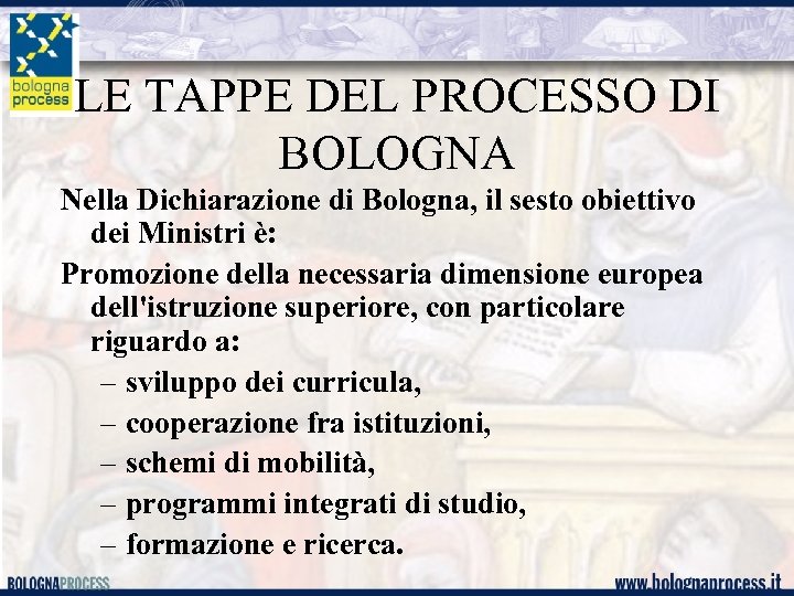 LE TAPPE DEL PROCESSO DI BOLOGNA Nella Dichiarazione di Bologna, il sesto obiettivo dei