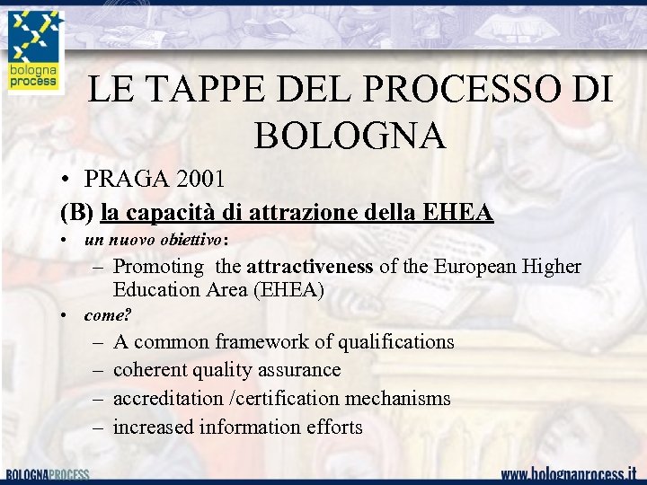 LE TAPPE DEL PROCESSO DI BOLOGNA • PRAGA 2001 (B) la capacità di attrazione