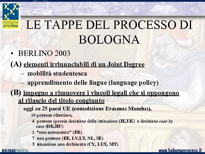 LE TAPPE DEL PROCESSO DI BOLOGNA • BERLINO 2003 (A) elementi irrinunciabili di un