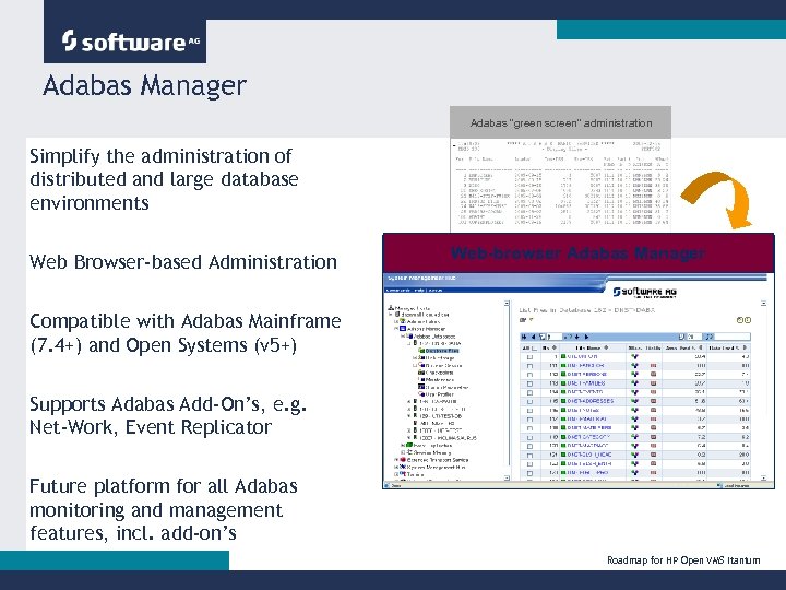 Adabas Manager Adabas “green screen” administration Simplify the administration of distributed and large database