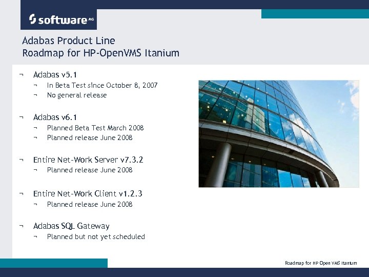 Adabas Product Line Roadmap for HP-Open. VMS Itanium ¬ Adabas v 5. 1 ¬
