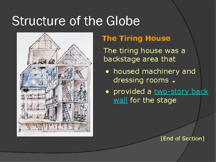 Structure of the Globe The Tiring House The tiring house was a backstage area