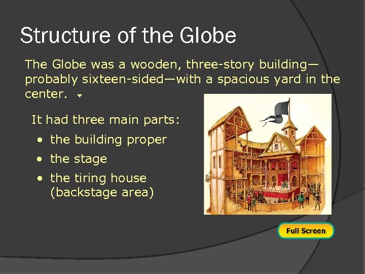 Structure of the Globe The Globe was a wooden, three-story building— probably sixteen-sided—with a