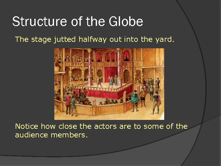 Structure of the Globe The stage jutted halfway out into the yard. Notice how