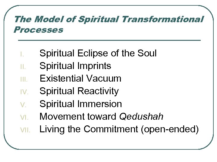 The Model of Spiritual Transformational Processes I. III. IV. V. VII. Spiritual Eclipse of