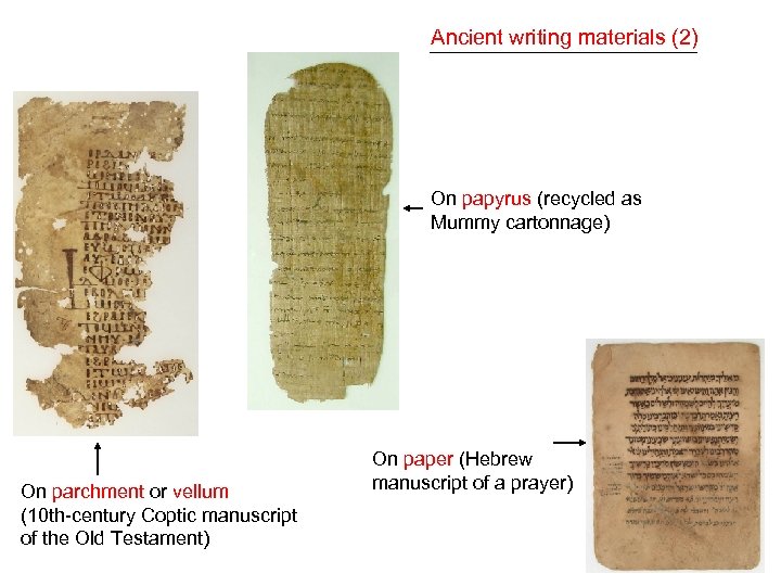 Ancient writing materials (2) On papyrus (recycled as Mummy cartonnage) On parchment or vellum