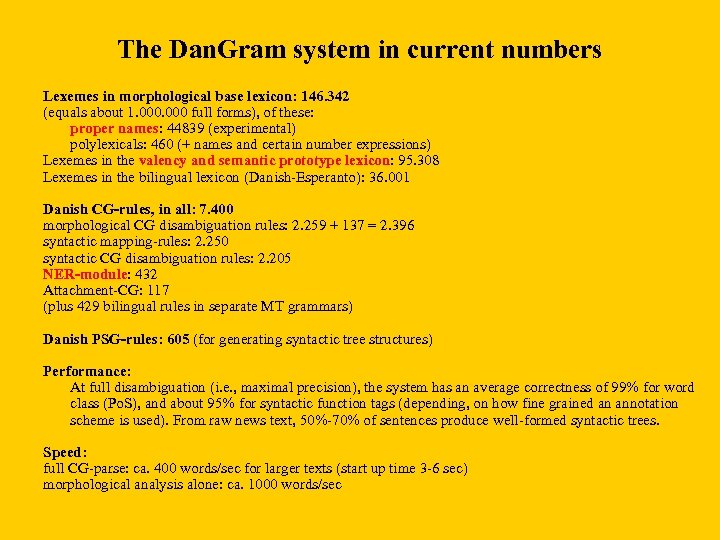 The Dan. Gram system in current numbers Lexemes in morphological base lexicon: 146. 342