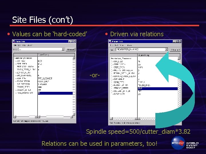 Site Files (con’t) • Values can be ‘hard-coded’ • Driven via relations -or- Spindle