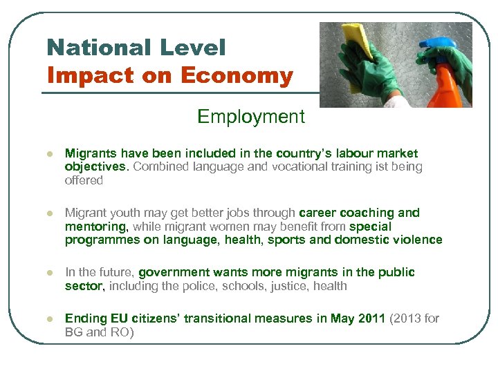National Level Impact on Economy Employment l Migrants have been included in the country’s