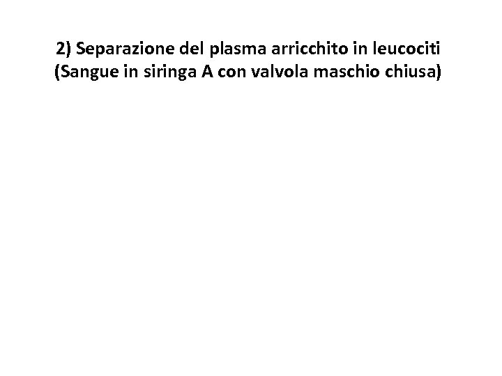 2) Separazione del plasma arricchito in leucociti (Sangue in siringa A con valvola maschio