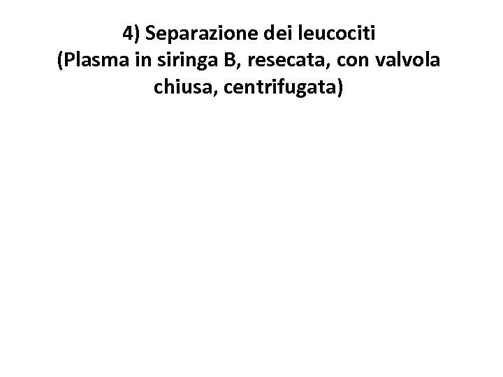 4) Separazione dei leucociti (Plasma in siringa B, resecata, con valvola chiusa, centrifugata) 
