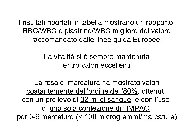 I risultati riportati in tabella mostrano un rapporto RBC/WBC e piastrine/WBC migliore del valore