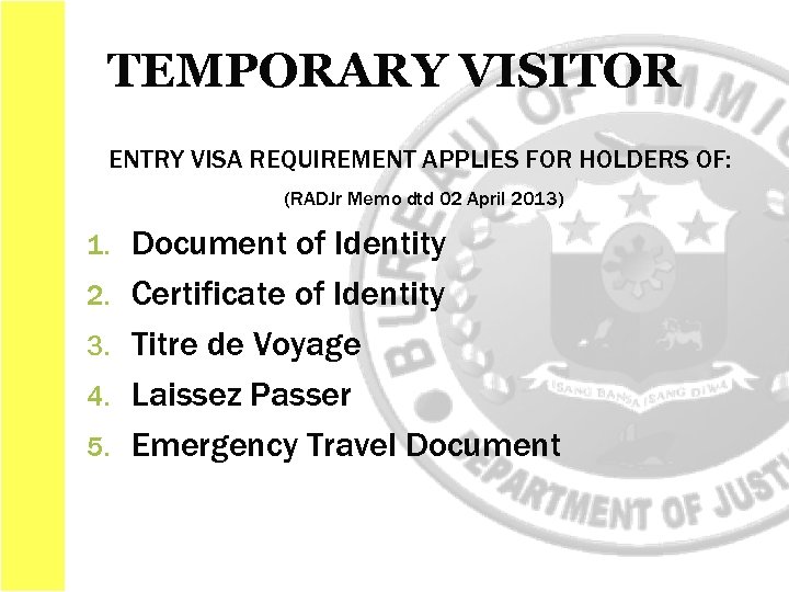 TEMPORARY VISITOR ENTRY VISA REQUIREMENT APPLIES FOR HOLDERS OF: (RADJr Memo dtd 02 April