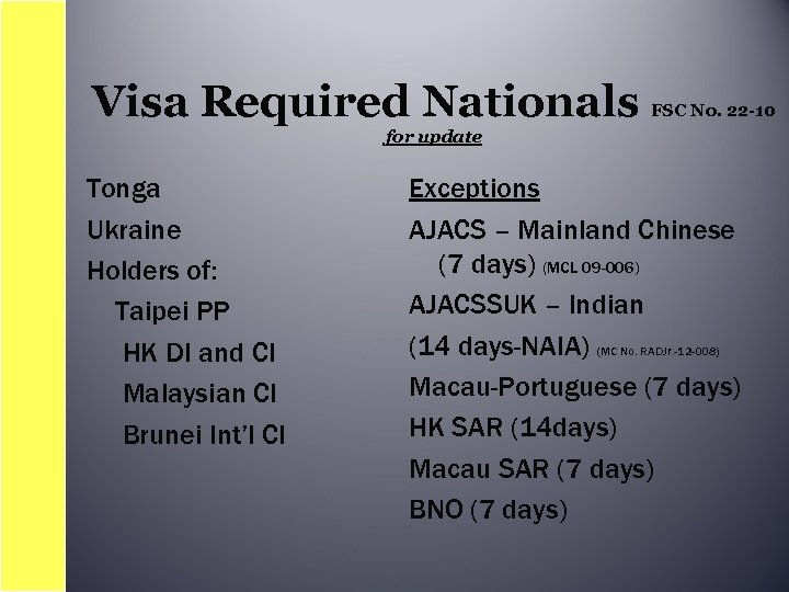 Visa Required Nationals FSC No. 22 -10 for update Tonga Ukraine Holders of: Taipei