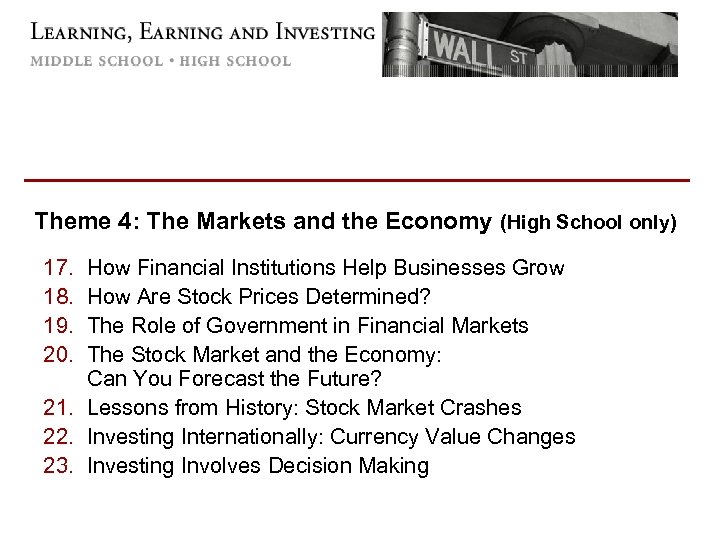 Theme 4: The Markets and the Economy (High School only) 17. 18. 19. 20.