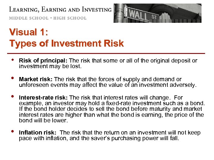 Visual 1: Types of Investment Risk • Risk of principal: The risk that some