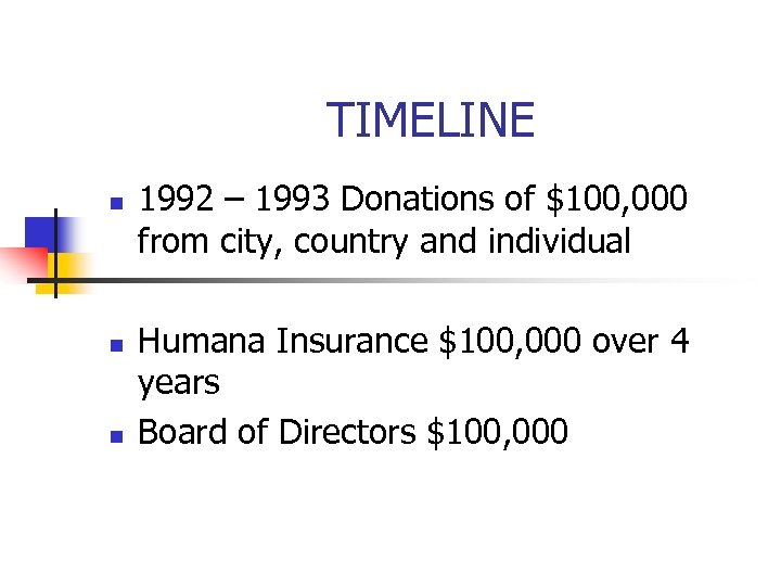 TIMELINE n n n 1992 – 1993 Donations of $100, 000 from city, country