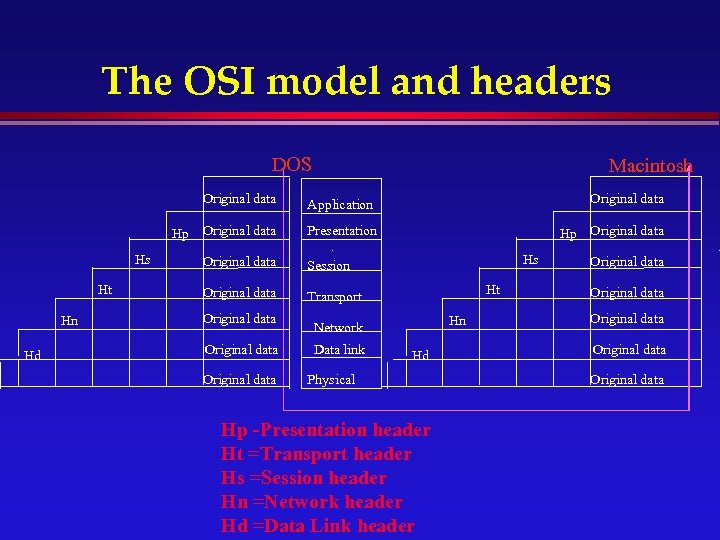 The OSI model and headers DOS Macintosh Original data Ht Hn Hd Original data