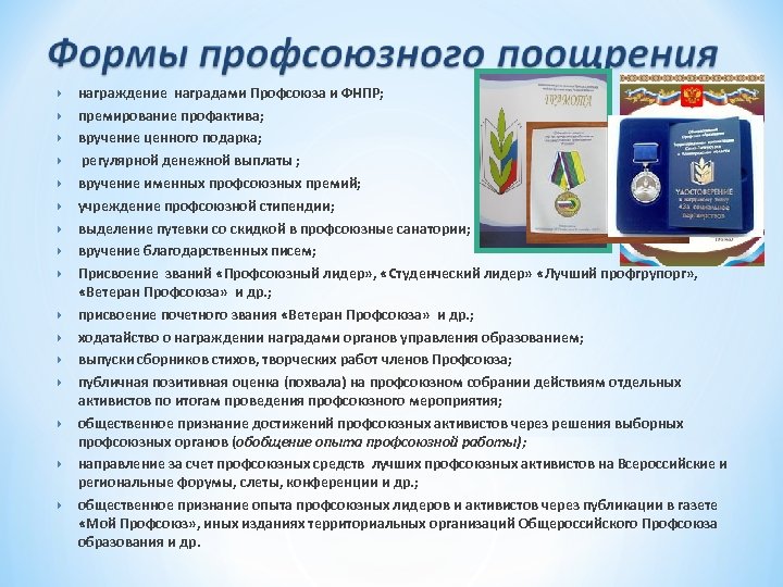  награждение наградами Профсоюза и ФНПР; премирование профактива; вручение ценного подарка; регулярной денежной выплаты