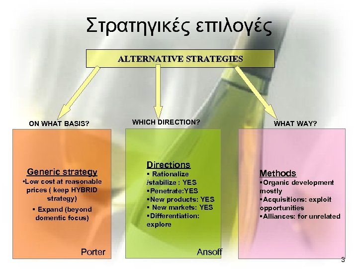 Στρατηγικές επιλογές ALTERNATIVE STRATEGIES ON WHAT BASIS? Generic strategy • Low cost at reasonable