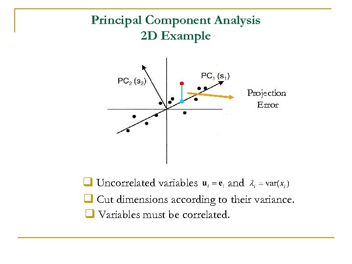 Principal Component Analysis 2 D Example Projection Error q Uncorrelated variables and q Cut