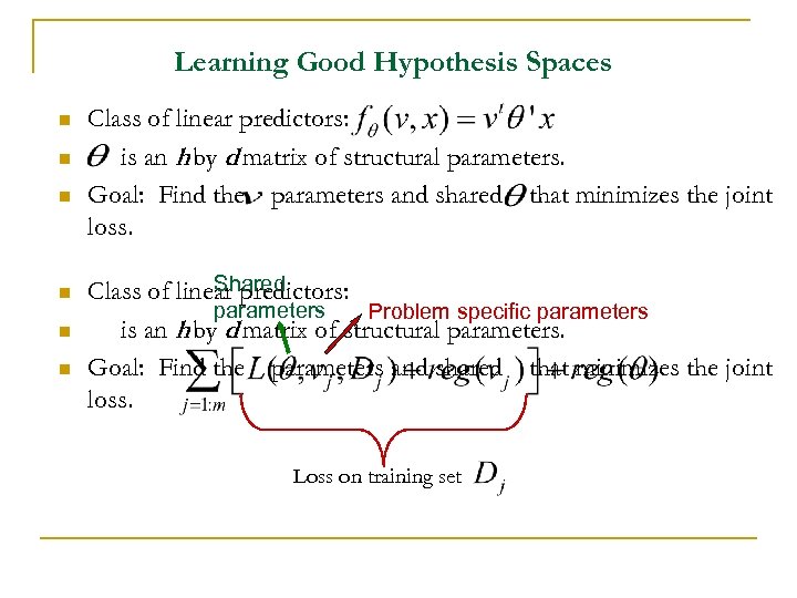 Learning Good Hypothesis Spaces n n n Class of linear predictors: is an h