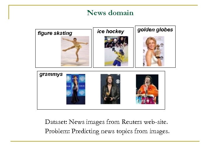 News domain figure skating ice hockey golden globes grammys Dataset: News images from Reuters