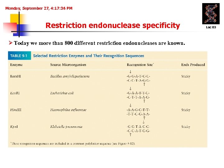 Monday, September 27, 4: 17: 36 PM Restriction endonuclease specificity Ø Today we more