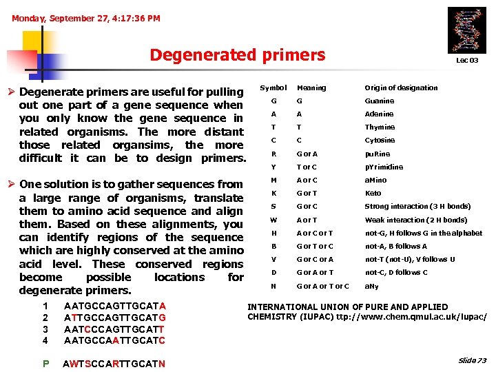 Monday, September 27, 4: 17: 36 PM Degenerated primers Ø Degenerate primers are useful