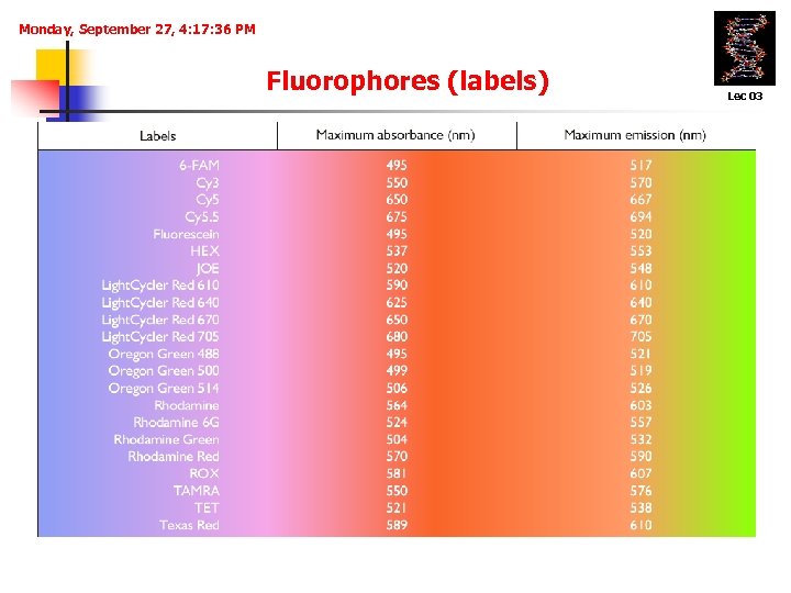 Monday, September 27, 4: 17: 36 PM Fluorophores (labels) Lec 03 