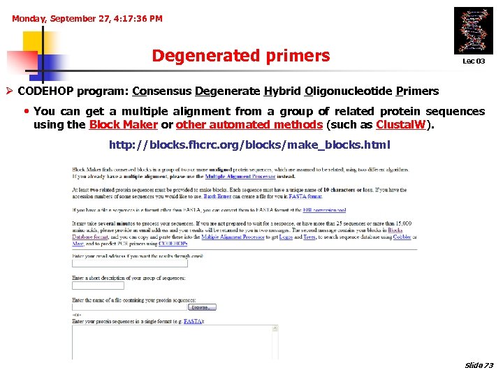 Monday, September 27, 4: 17: 36 PM Degenerated primers Lec 03 Ø CODEHOP program: