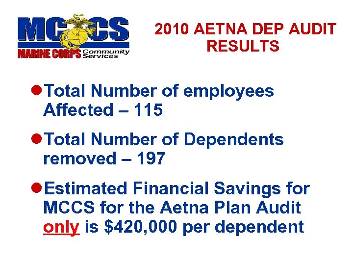 2010 AETNA DEP AUDIT RESULTS l. Total Number of employees Affected – 115 l.